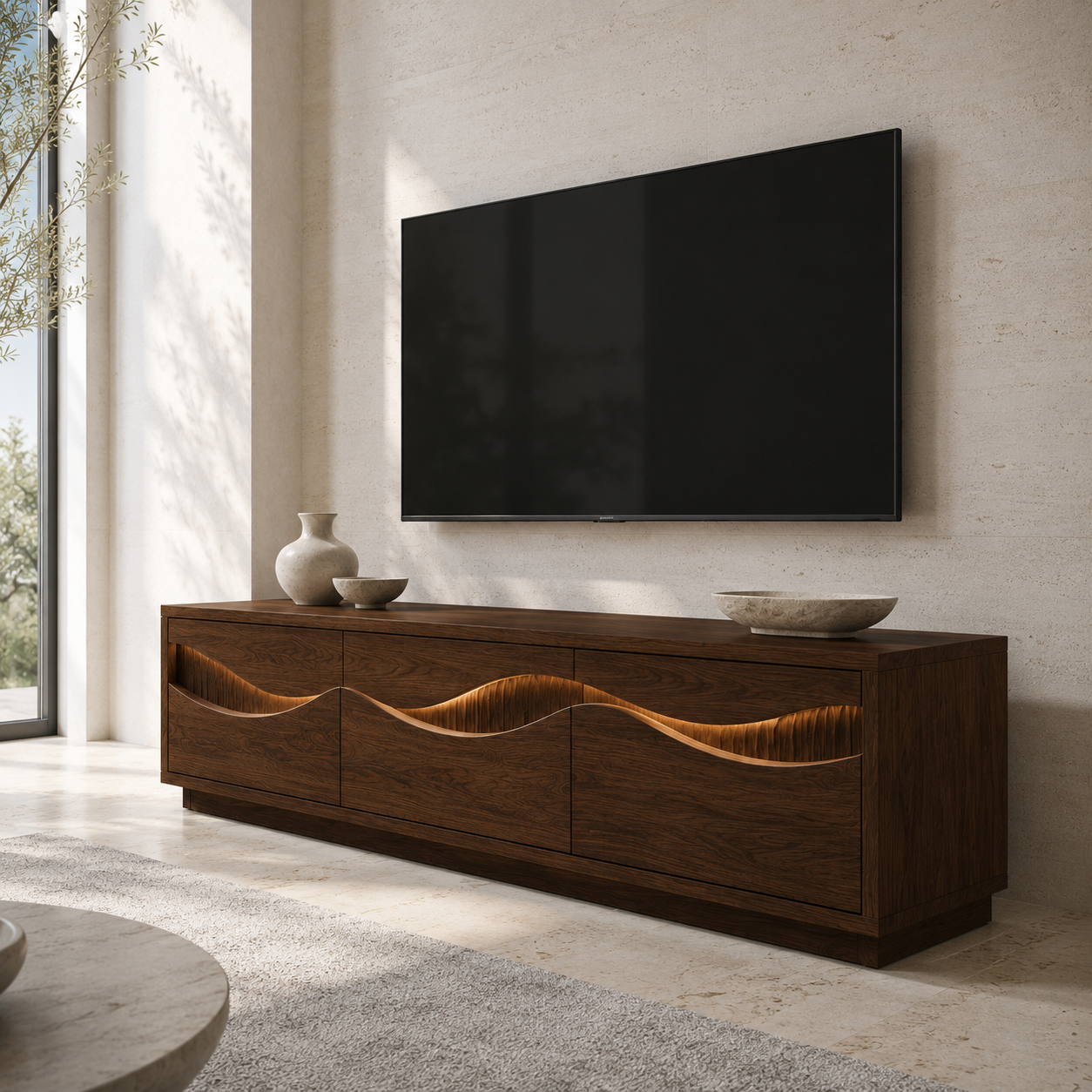 Navora Wave Pattern Solid Wood TV Stand For Living Room