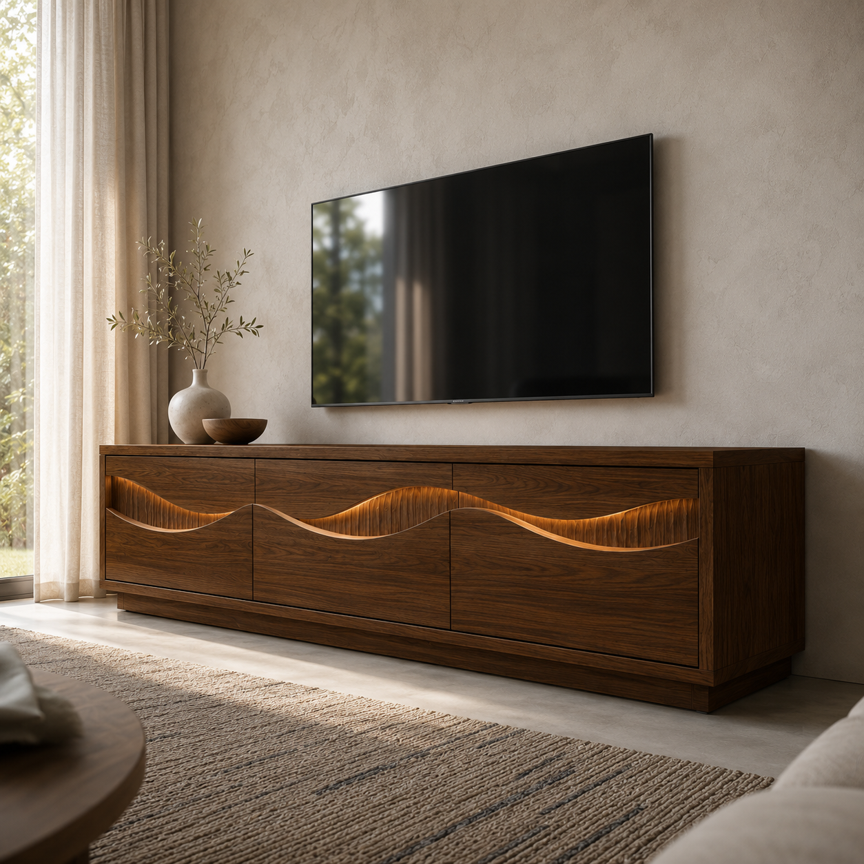 Navora Wave Pattern Solid Wood TV Stand For Living Room