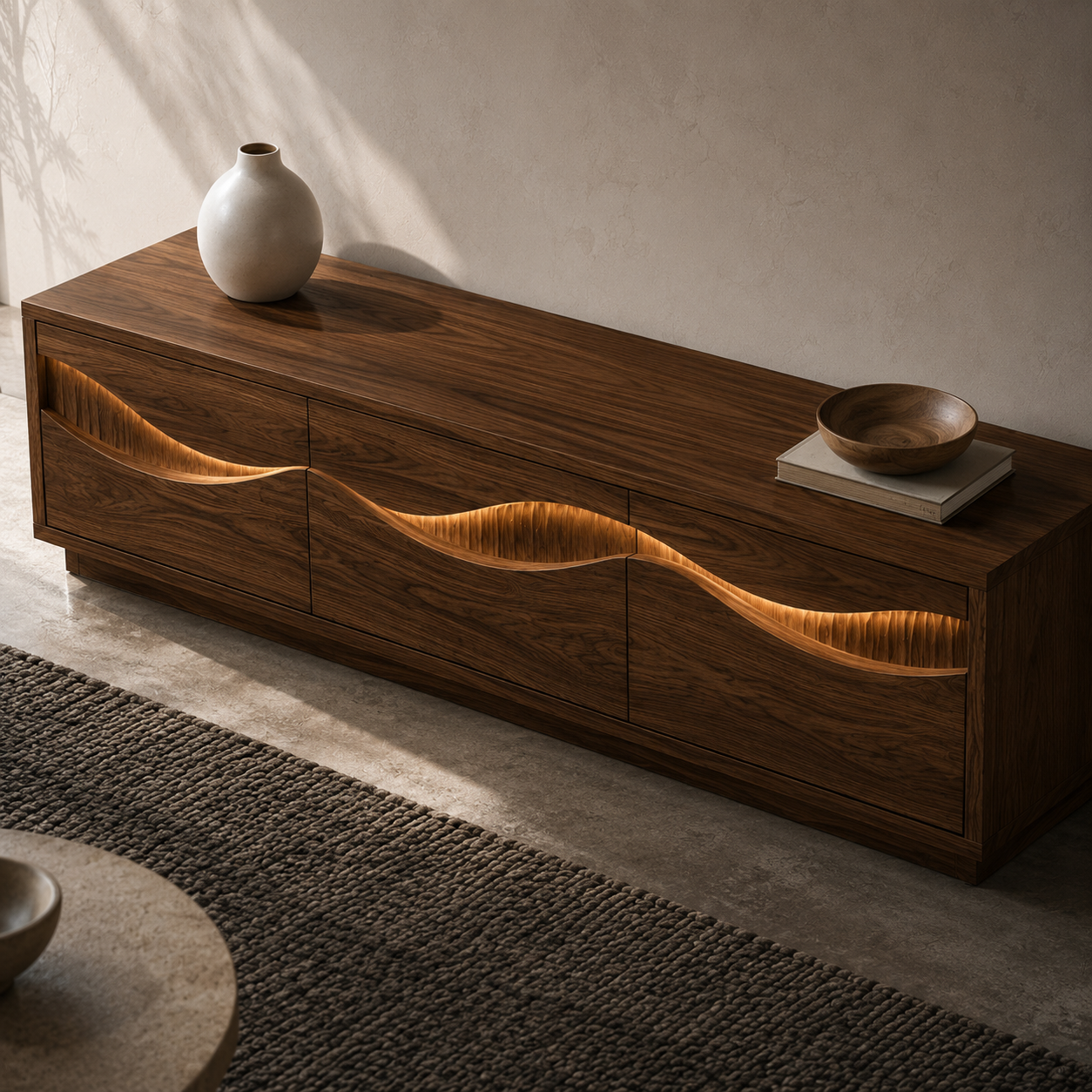 Navora Wave Pattern Solid Wood TV Stand For Living Room