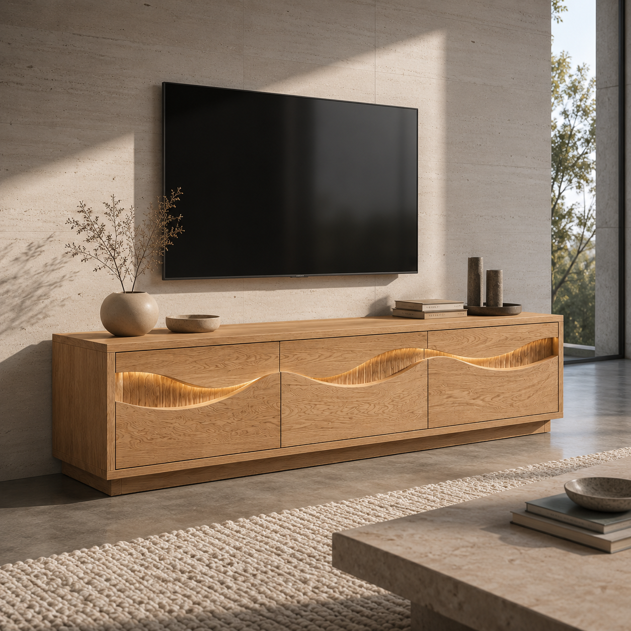 Navora Wave Pattern Solid Wood TV Stand For Living Room