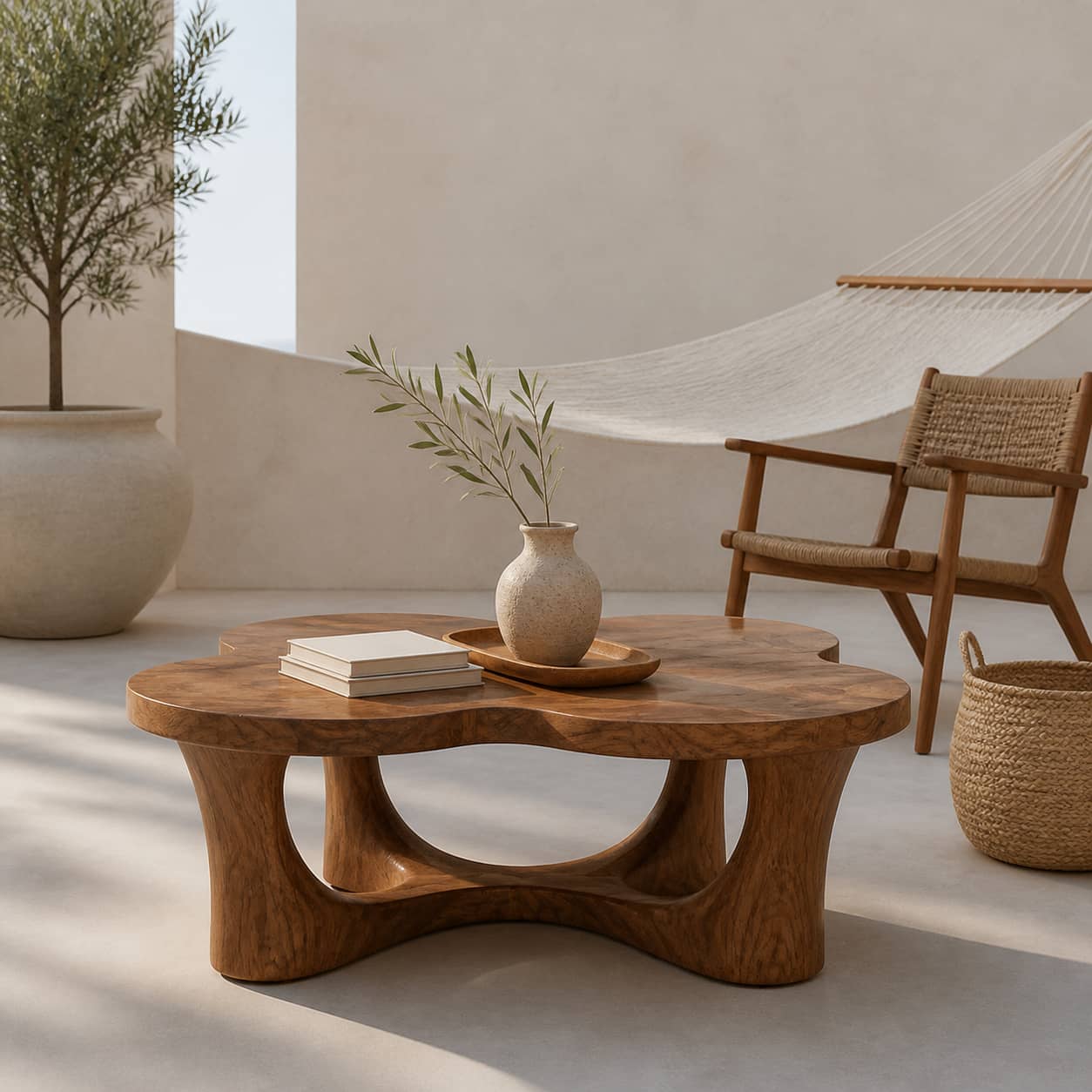 Oran Sculptural-Arch Base Solid Wood Coffee Table For Living Room
