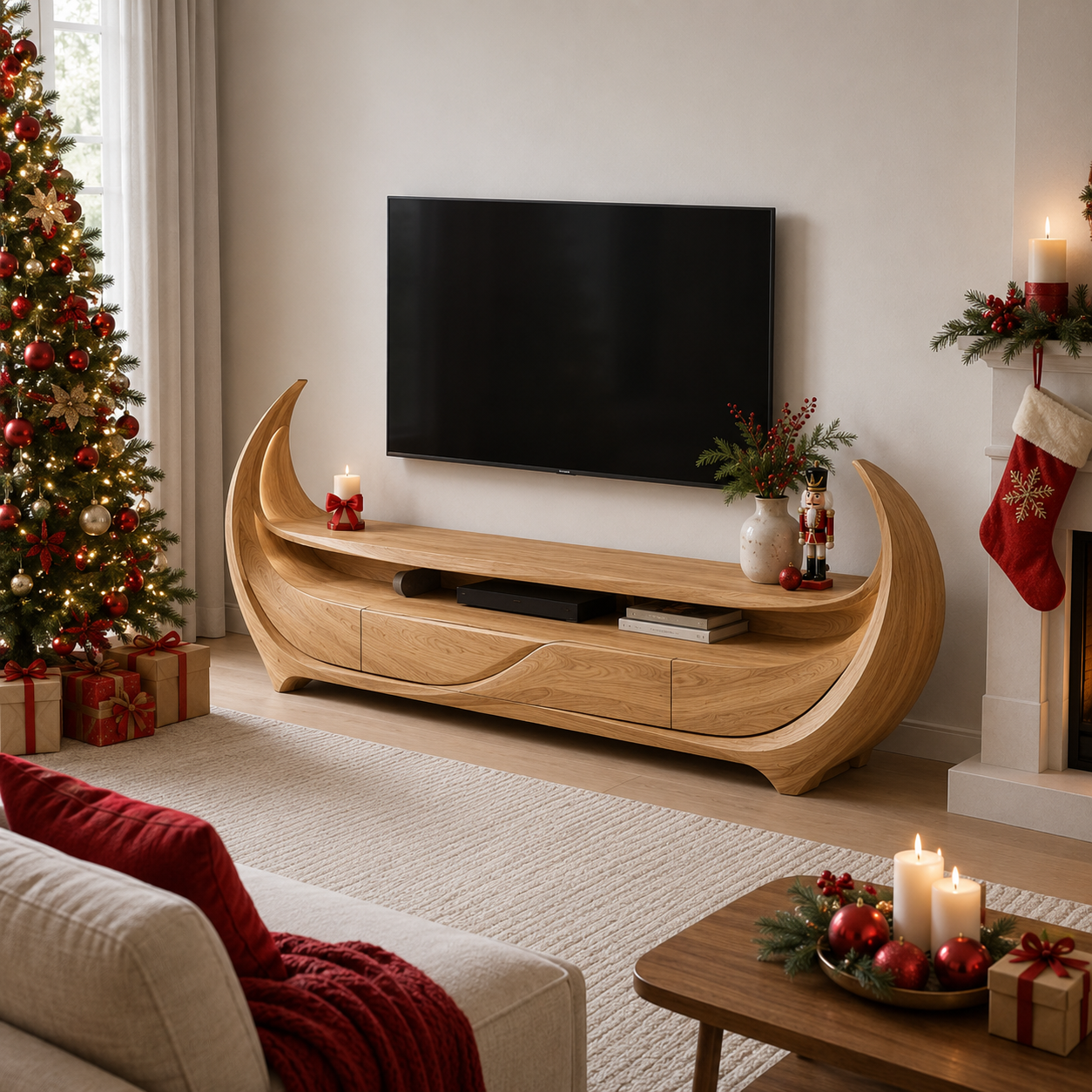 Rivello Ripple Front Solid Wood TV Stand For Living Room