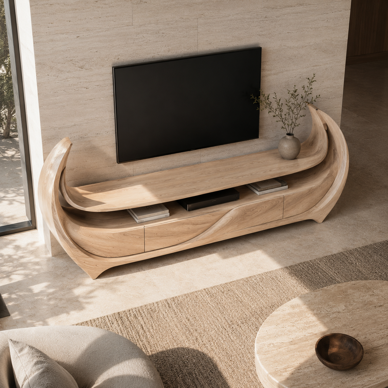 Rivello Ripple Front Solid Wood TV Stand For Living Room