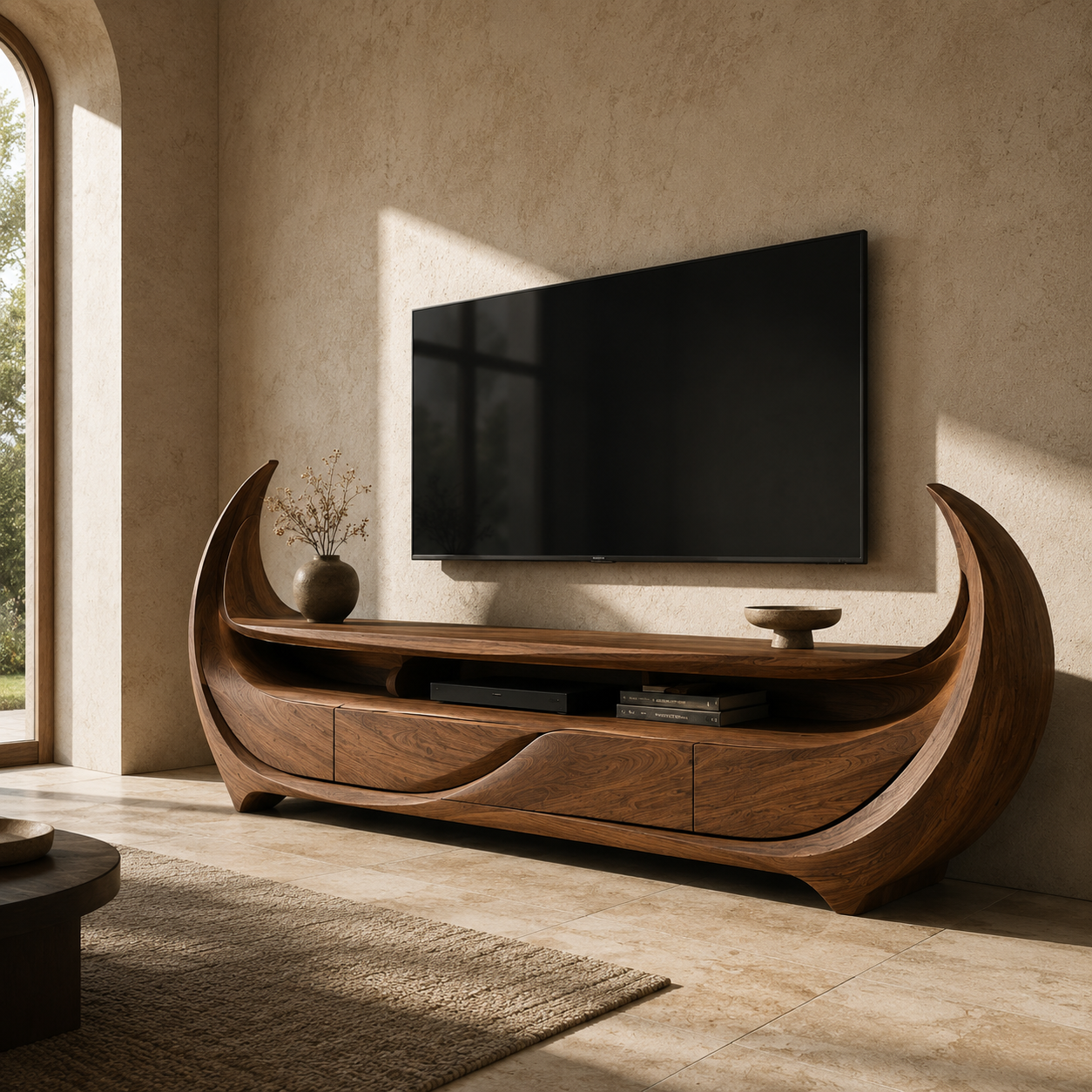 Rivello Ripple Front Solid Wood TV Stand For Living Room