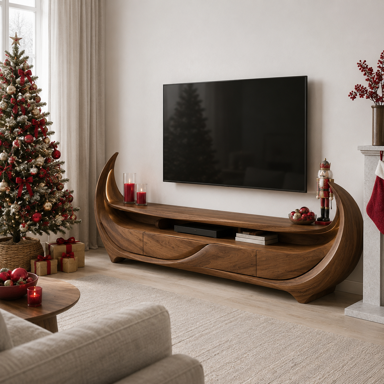 Rivello Ripple Front Solid Wood TV Stand For Living Room