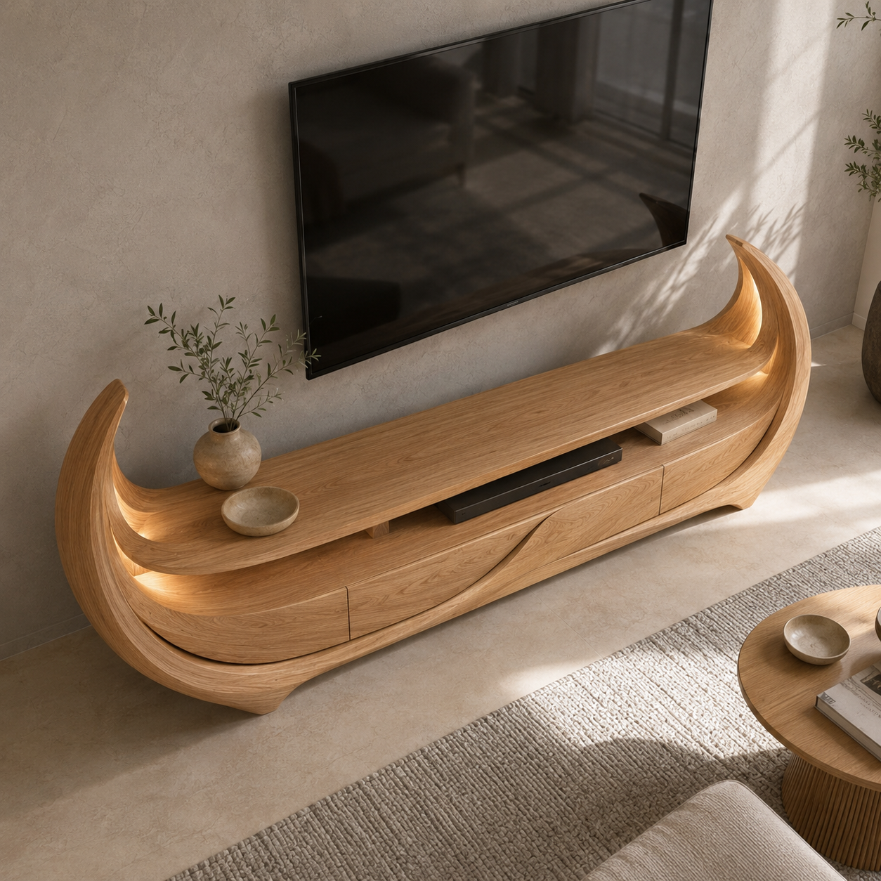 Rivello Ripple Front Solid Wood TV Stand For Living Room
