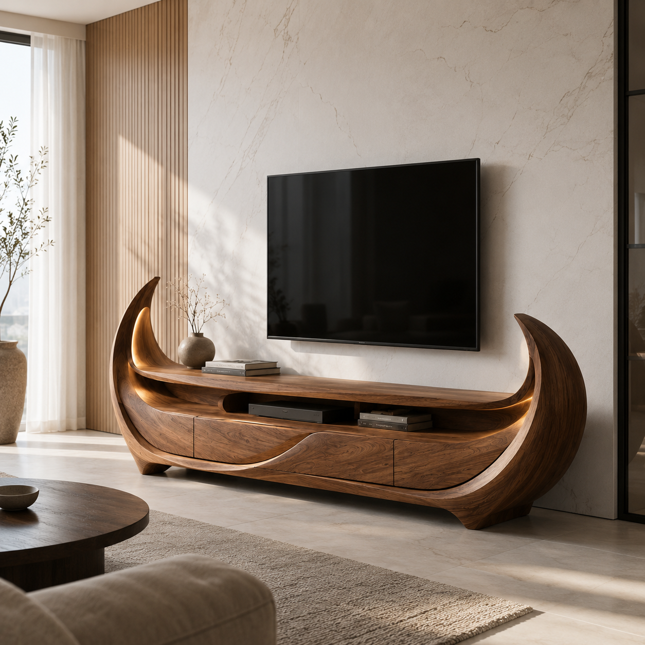 Rivello Ripple Front Solid Wood TV Stand For Living Room