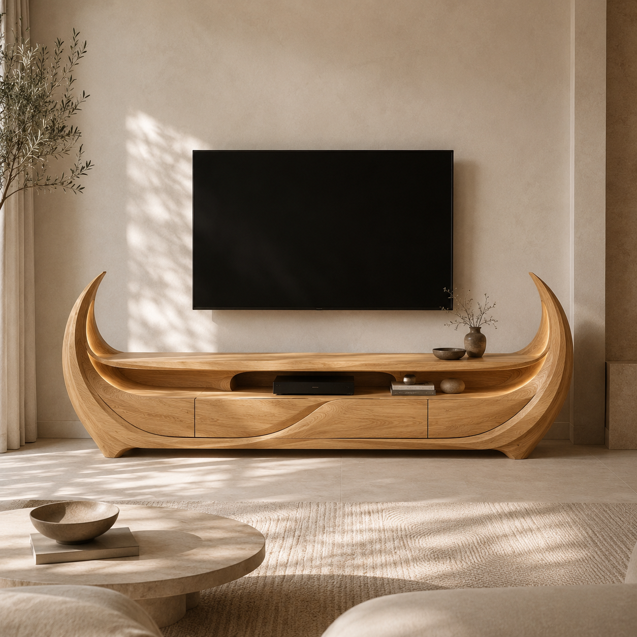 Rivello Ripple Front Solid Wood TV Stand For Living Room