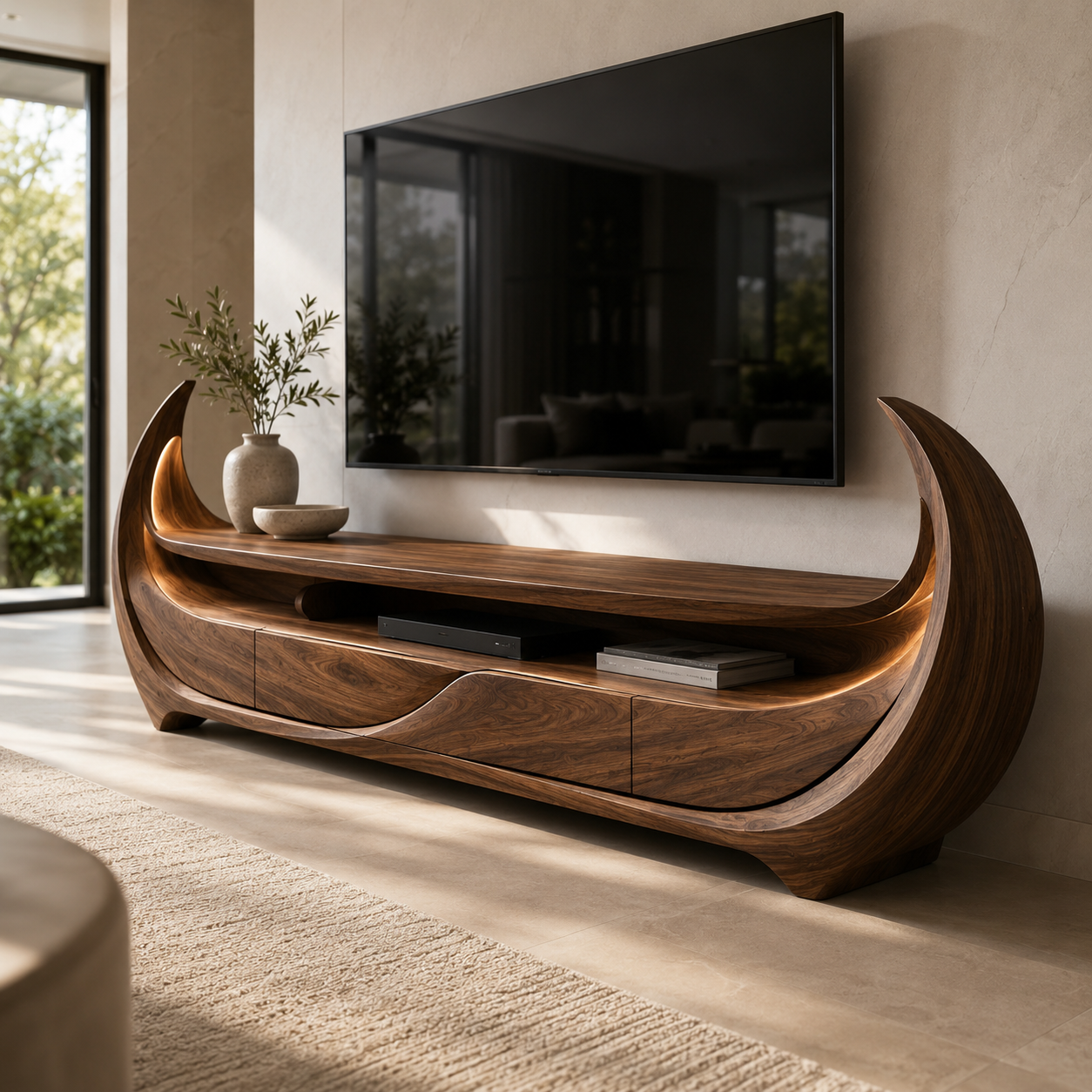Rivello Ripple Front Solid Wood TV Stand For Living Room