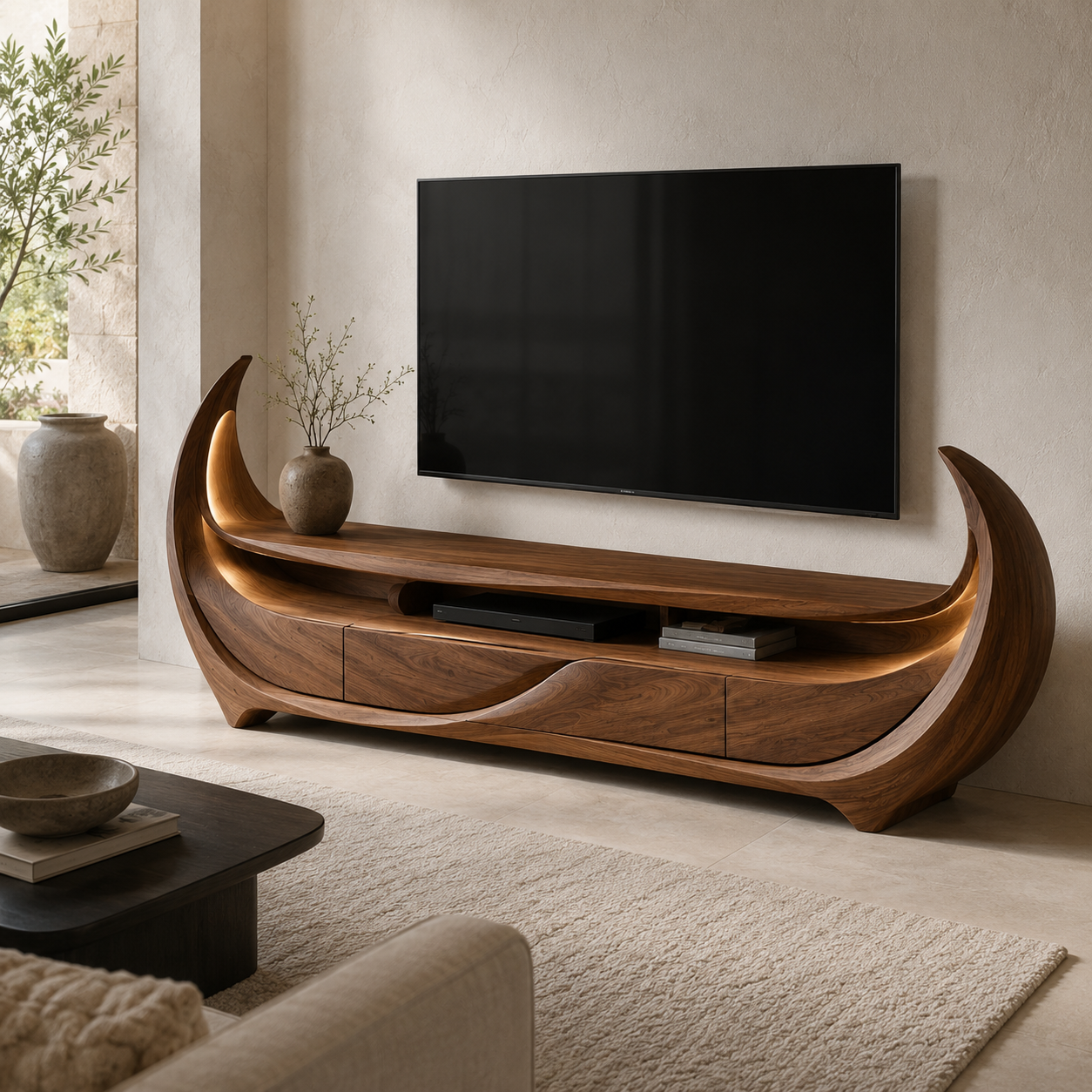 Rivello Ripple Front Solid Wood TV Stand For Living Room