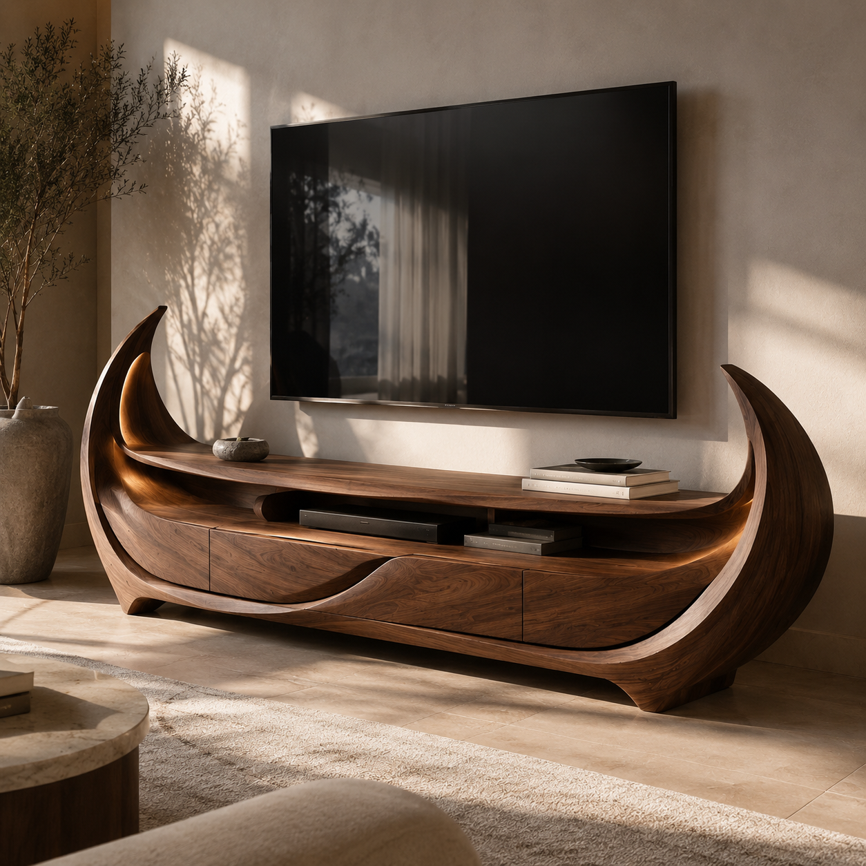 Rivello Ripple Front Solid Wood TV Stand For Living Room