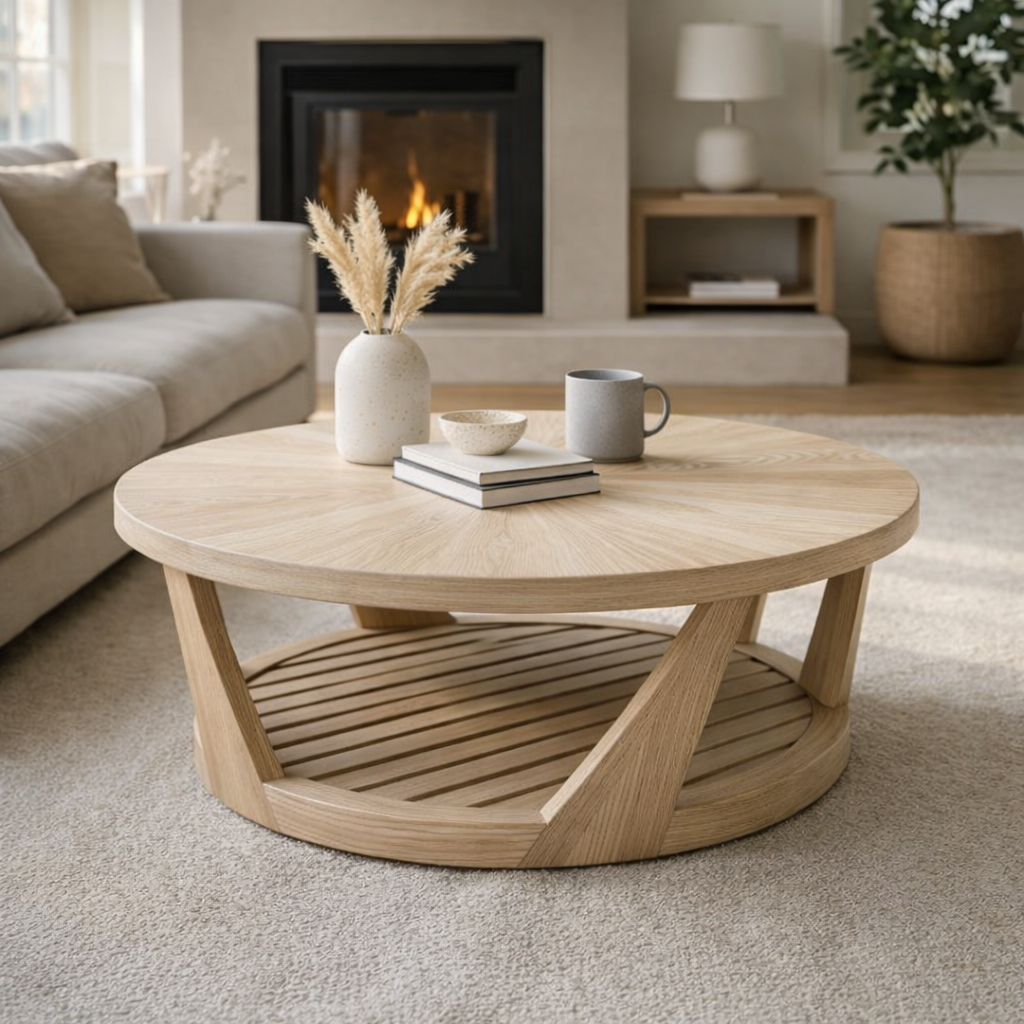 Round Solid Wood Coffee Table With Slatted Lower Shelf