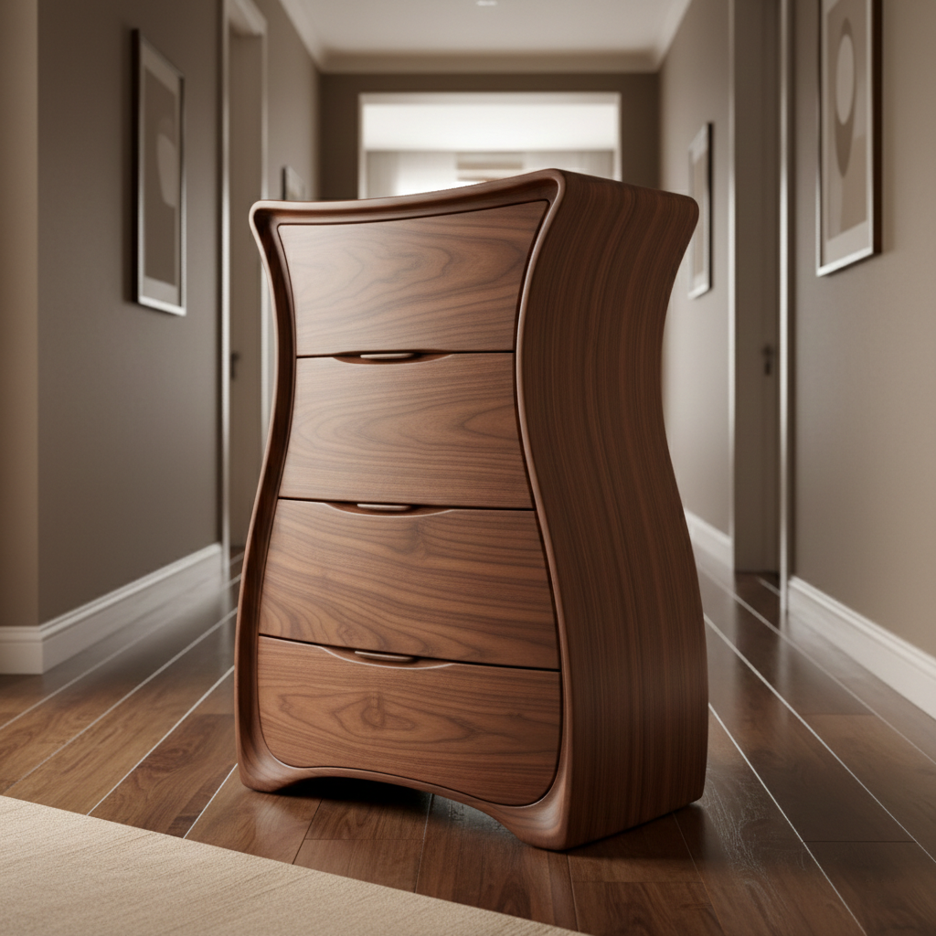 Sculpted Wooden Drawer Chest with Curved Silhouette and Smooth Finish