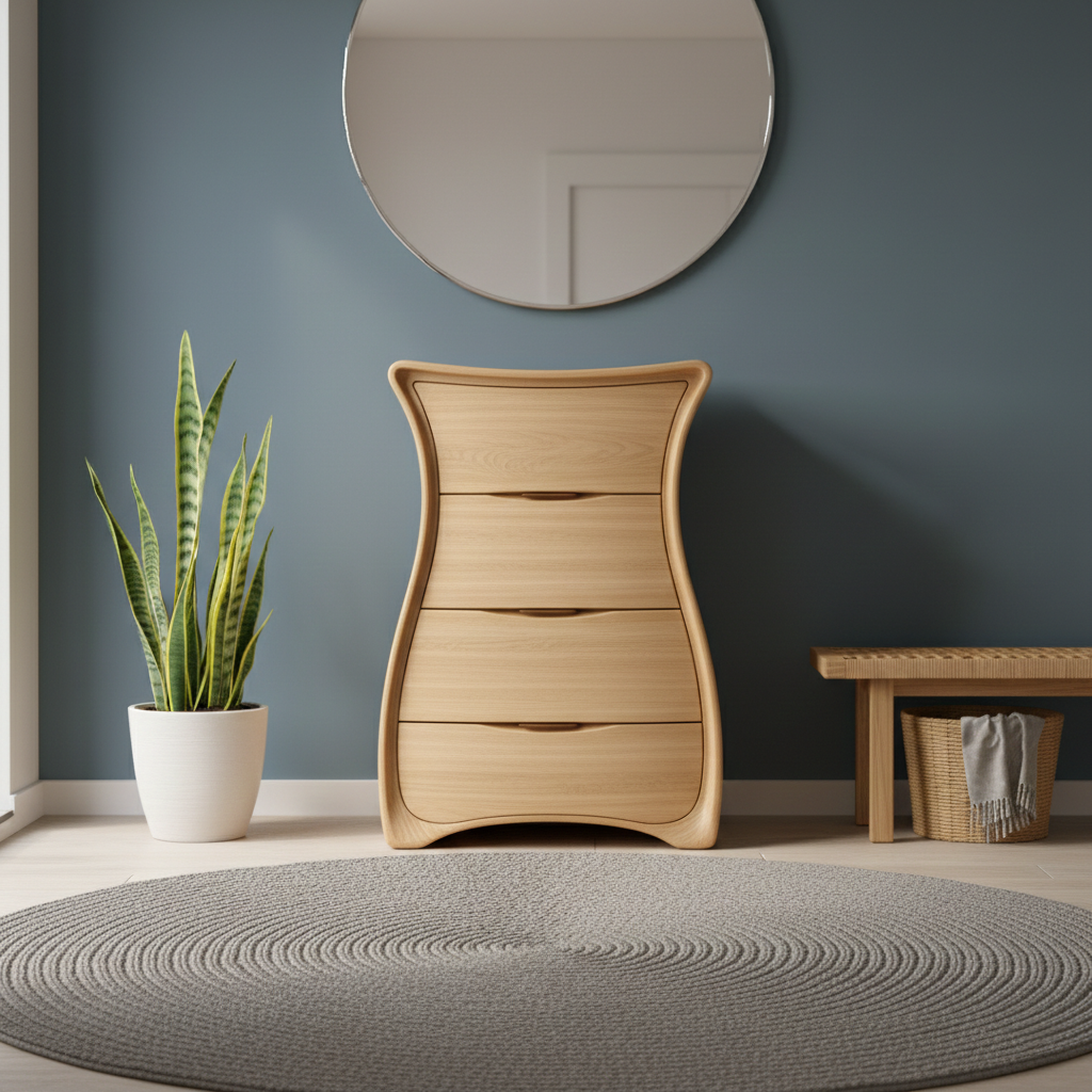Sculpted Wooden Drawer Chest with Curved Silhouette and Smooth Finish