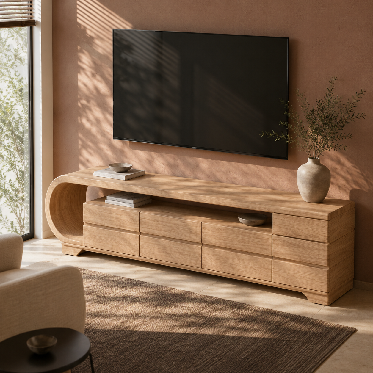 Curvion Sculpted Solid Wood TV Console For Living Room
