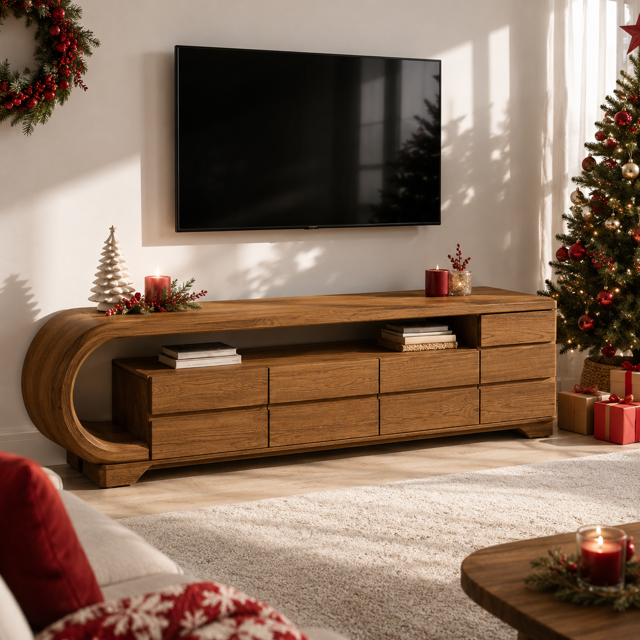 Curvion Sculpted Solid Wood TV Console For Living Room