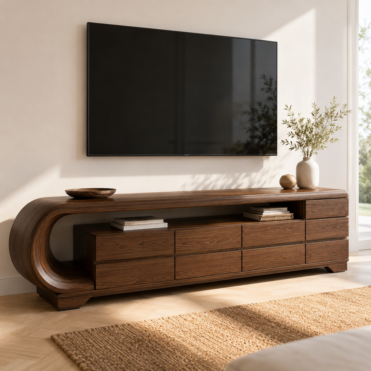 Curvion Sculpted Solid Wood TV Console For Living Room