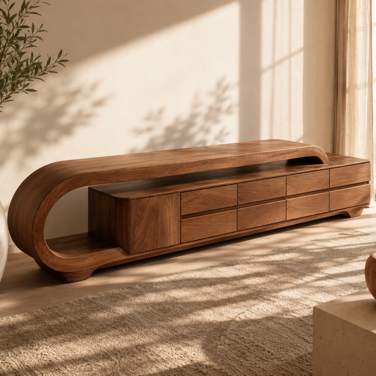 Solen Curved Solid Wood TV Console With Drawers For Living Room