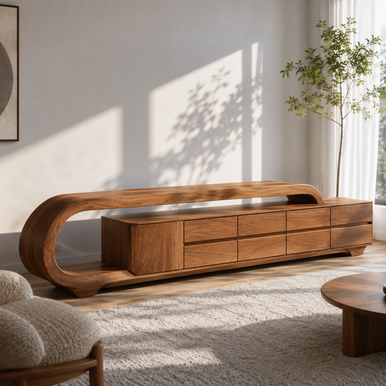 Solen Curved Solid Wood TV Console With Drawers For Living Room