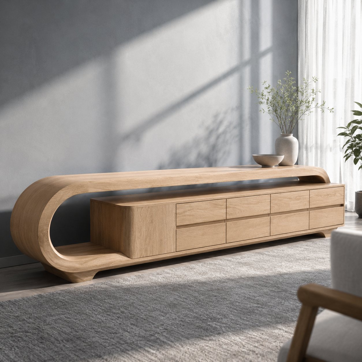 Solen Curved Solid Wood TV Console With Drawers For Living Room