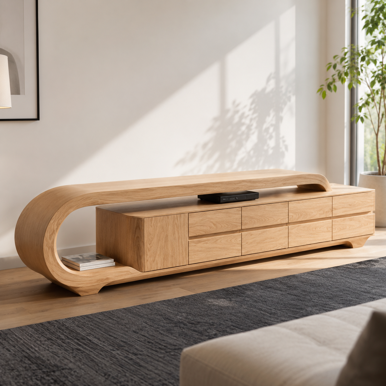 Solen Curved Solid Wood TV Console With Drawers For Living Room
