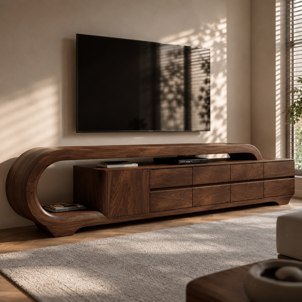 Solen Curved Solid Wood TV Console With Drawers For Living Room