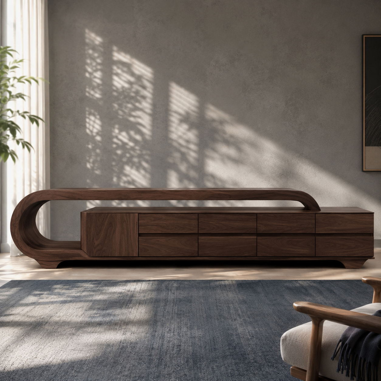 Solen Curved Solid Wood TV Console With Drawers For Living Room