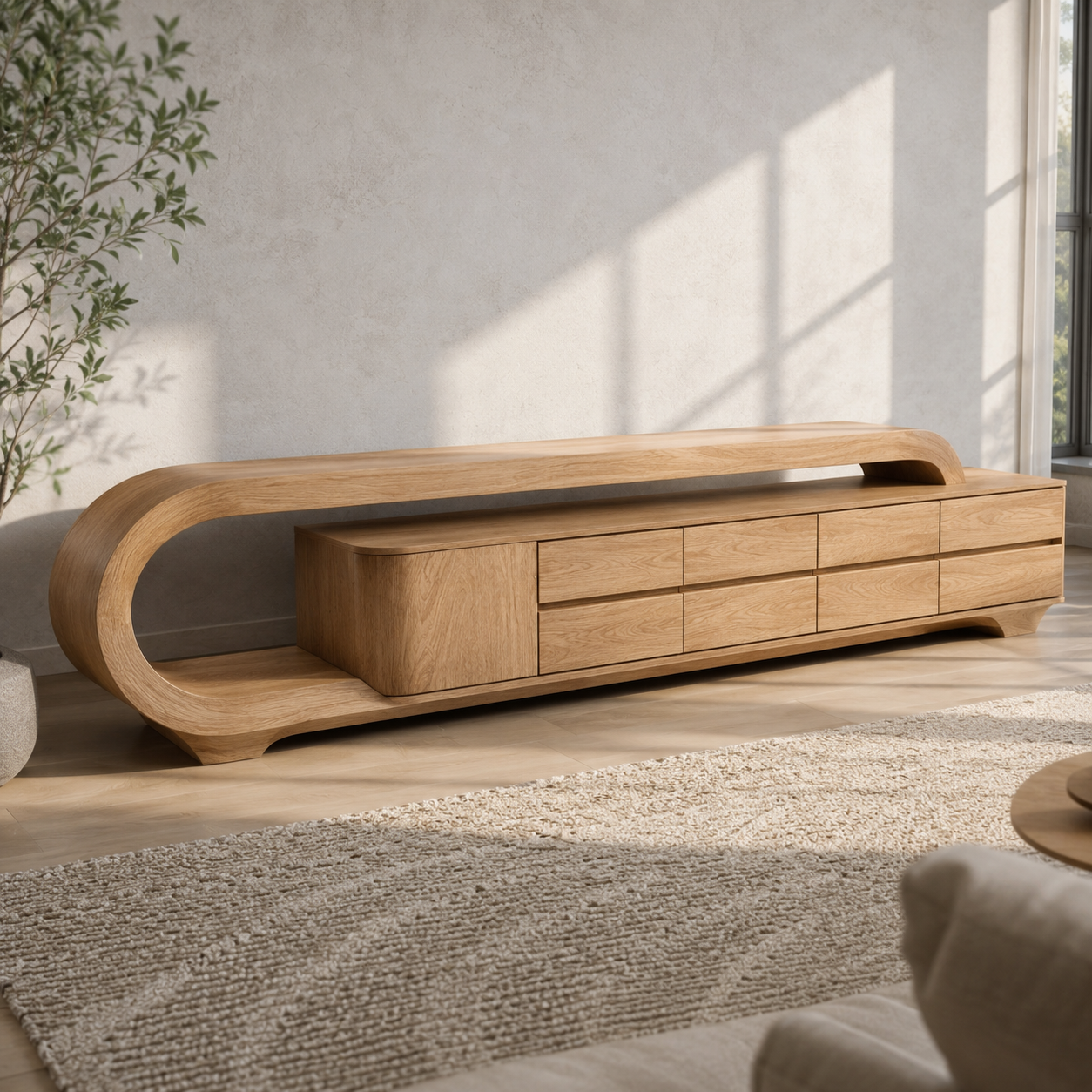 Solen Curved Solid Wood TV Console With Drawers For Living Room