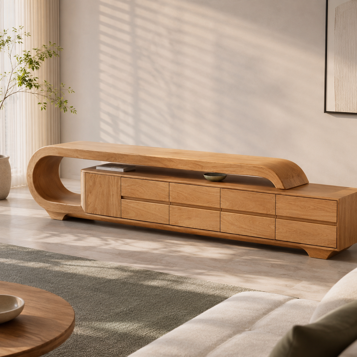Solen Curved Solid Wood TV Console With Drawers For Living Room