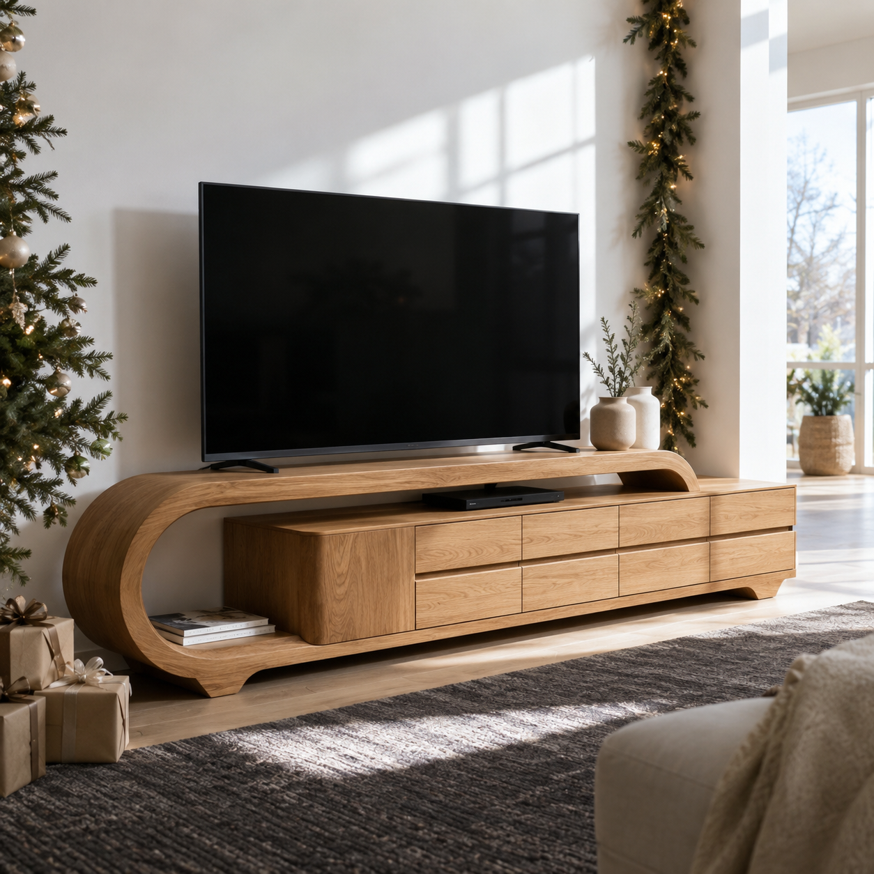 Solen Curved Solid Wood TV Console With Drawers For Living Room
