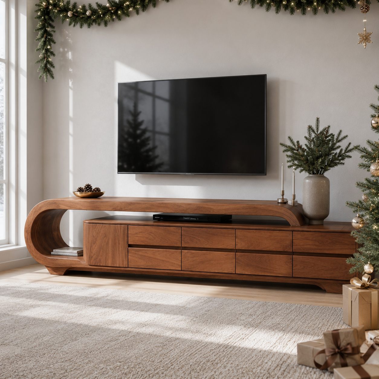 Solen Curved Solid Wood TV Console With Drawers For Living Room