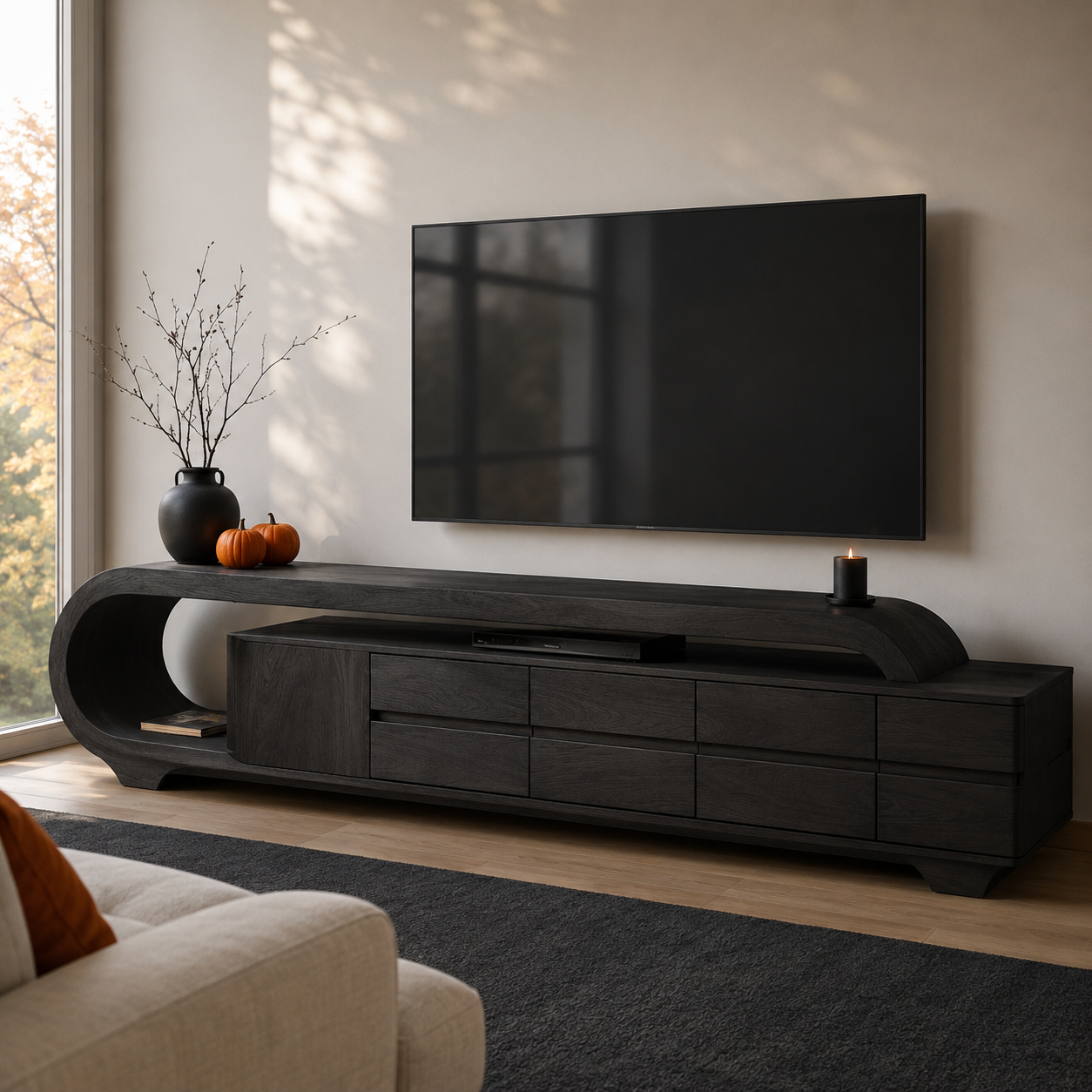 Solen Curved Solid Wood TV Console With Drawers For Living Room