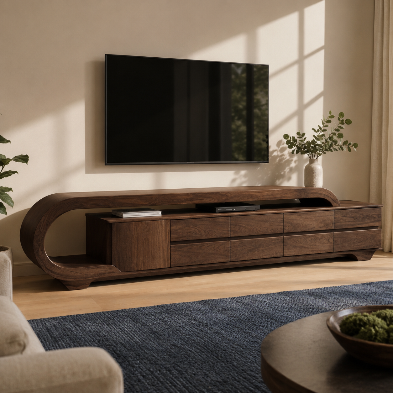 Solen Curved Solid Wood TV Console With Drawers For Living Room