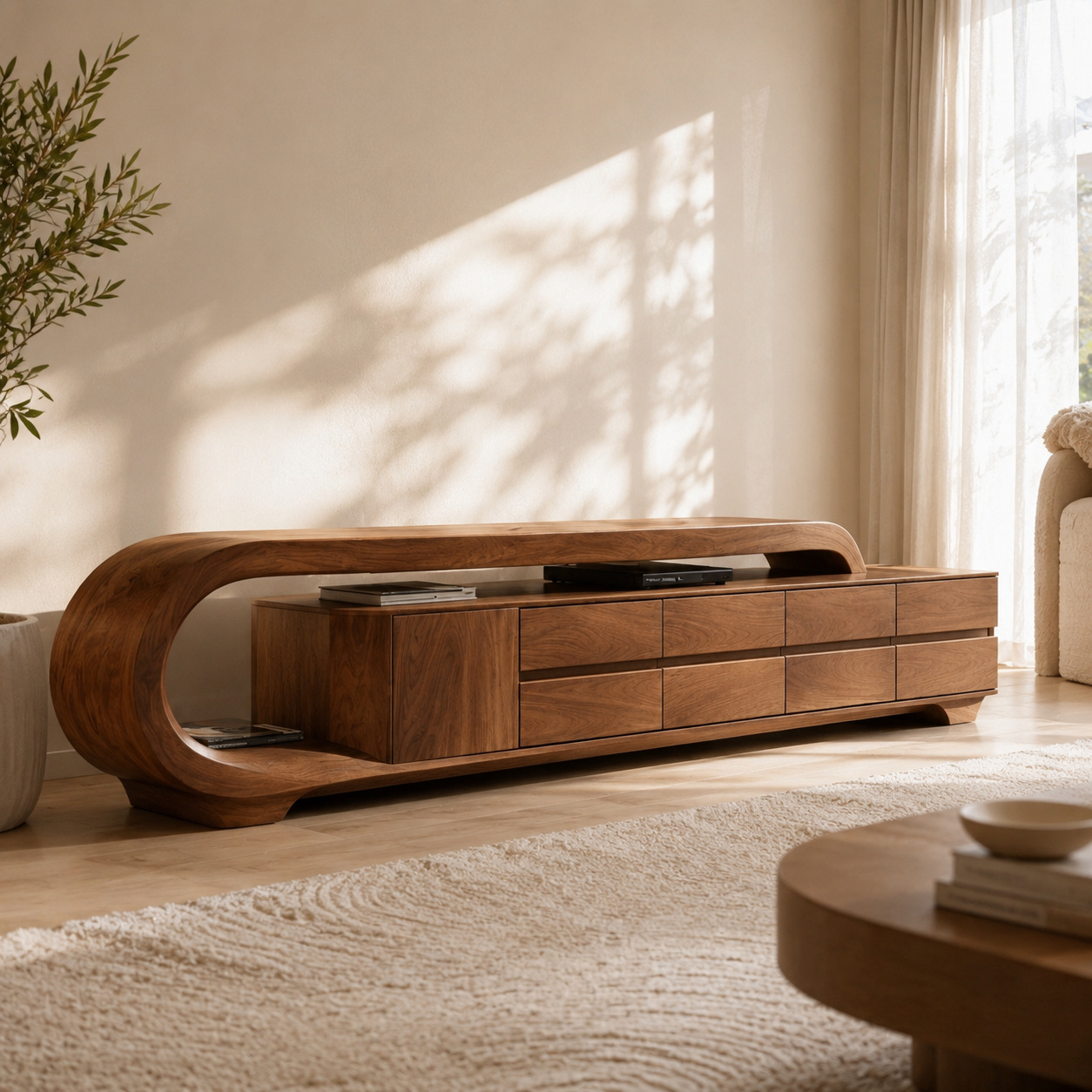Solen Curved Solid Wood TV Console With Drawers For Living Room