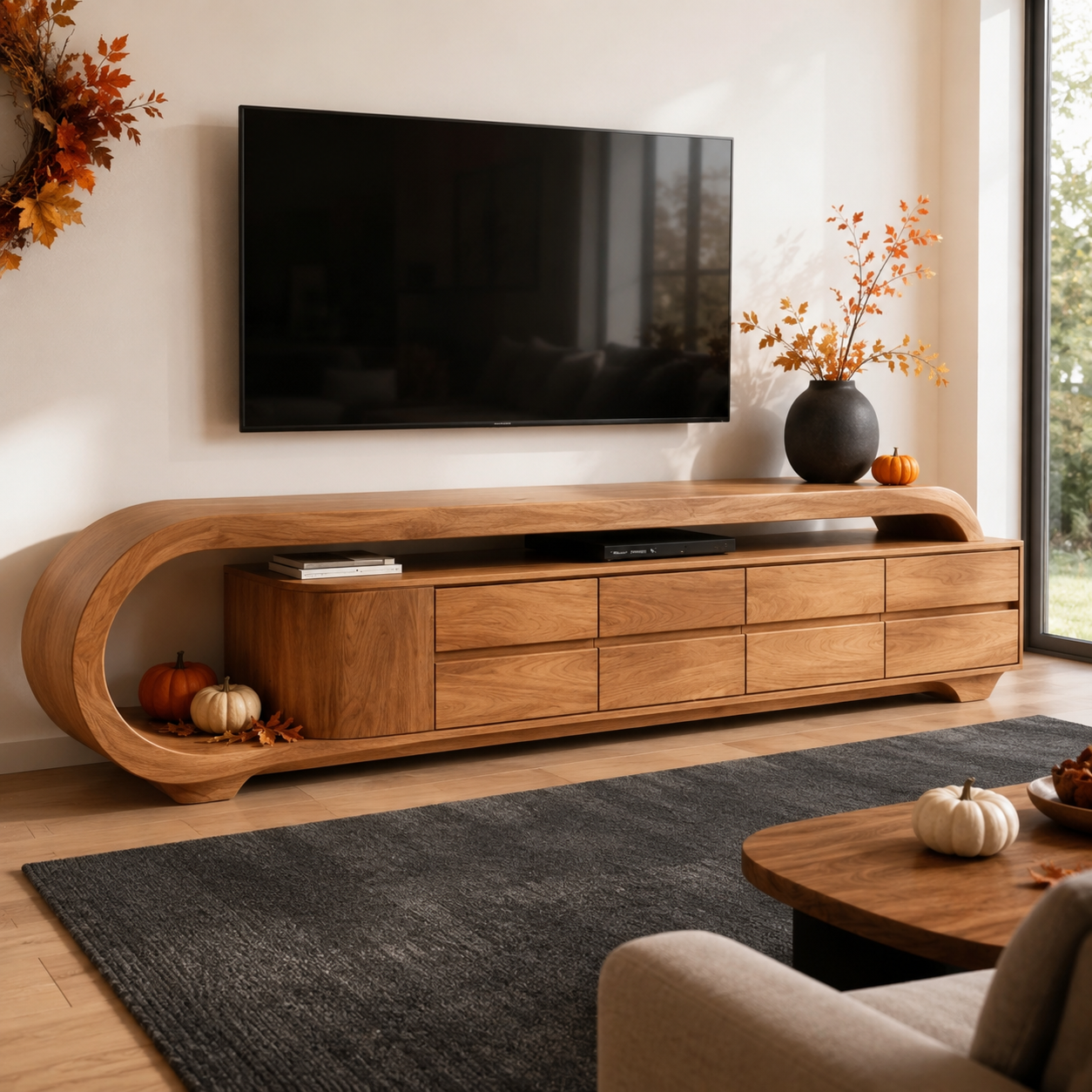 Solen Curved Solid Wood TV Console With Drawers For Living Room