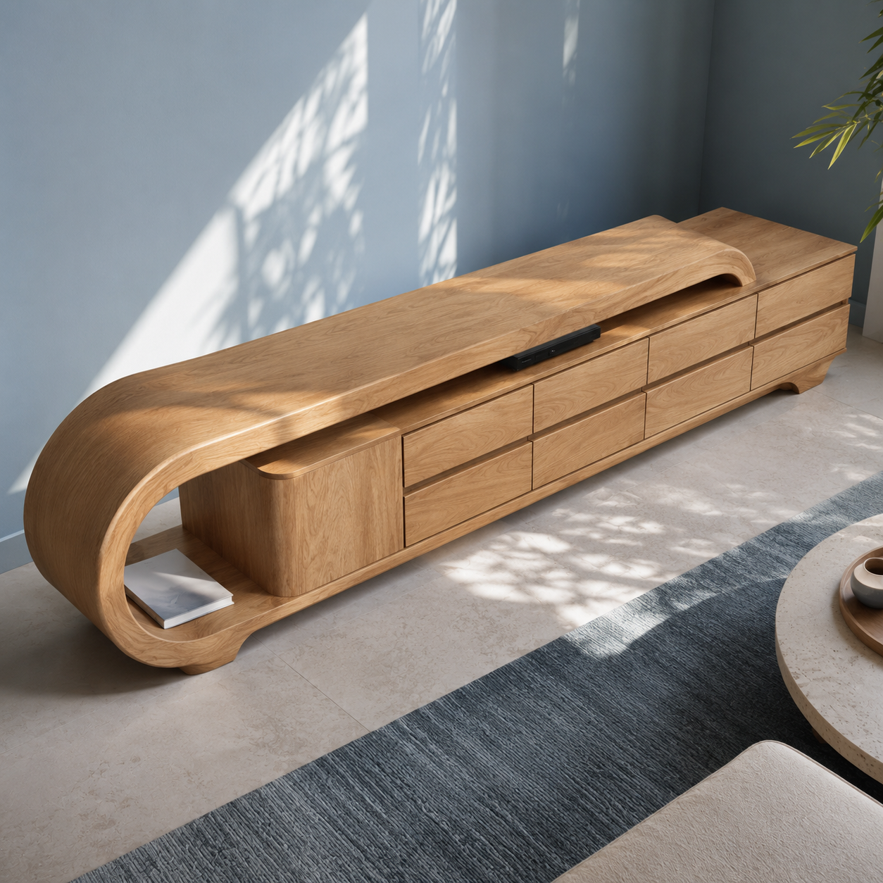 Solen Curved Solid Wood TV Console With Drawers For Living Room