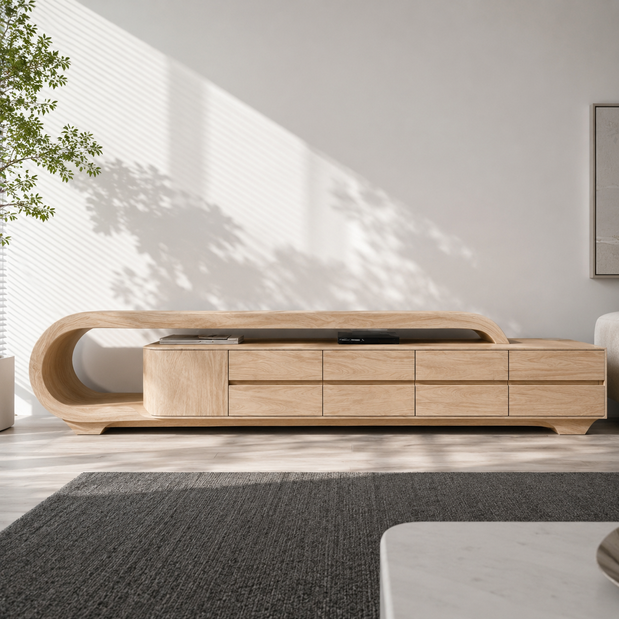 Solen Curved Solid Wood TV Console With Drawers For Living Room