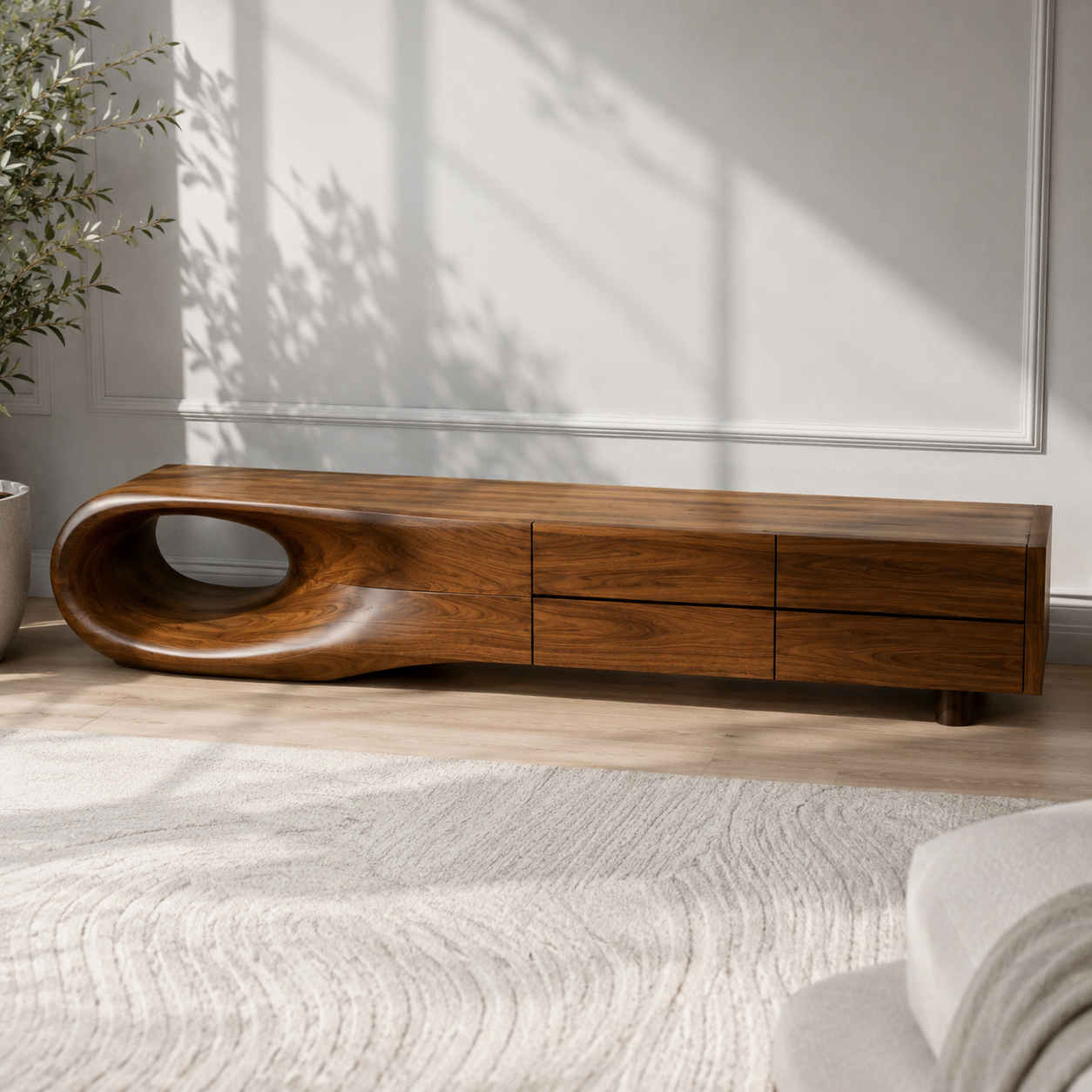 Floreno Curved Solid Wood TV Console For Living Room