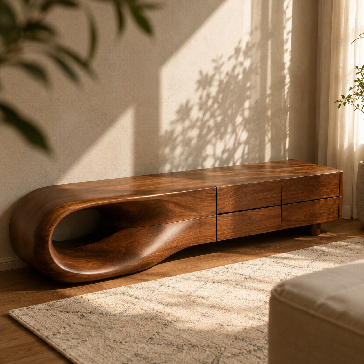 Floreno Curved Solid Wood TV Console For Living Room