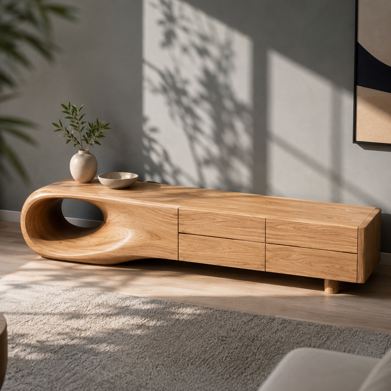 Floreno Curved Solid Wood TV Console For Living Room