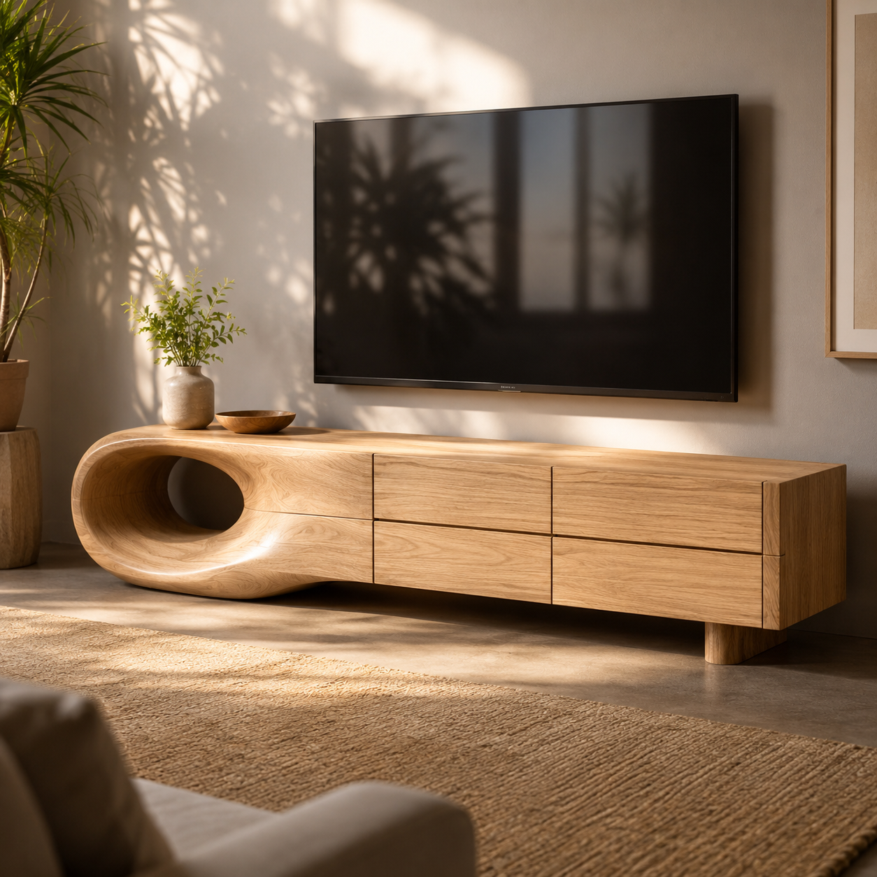 Floreno Curved Solid Wood TV Console For Living Room