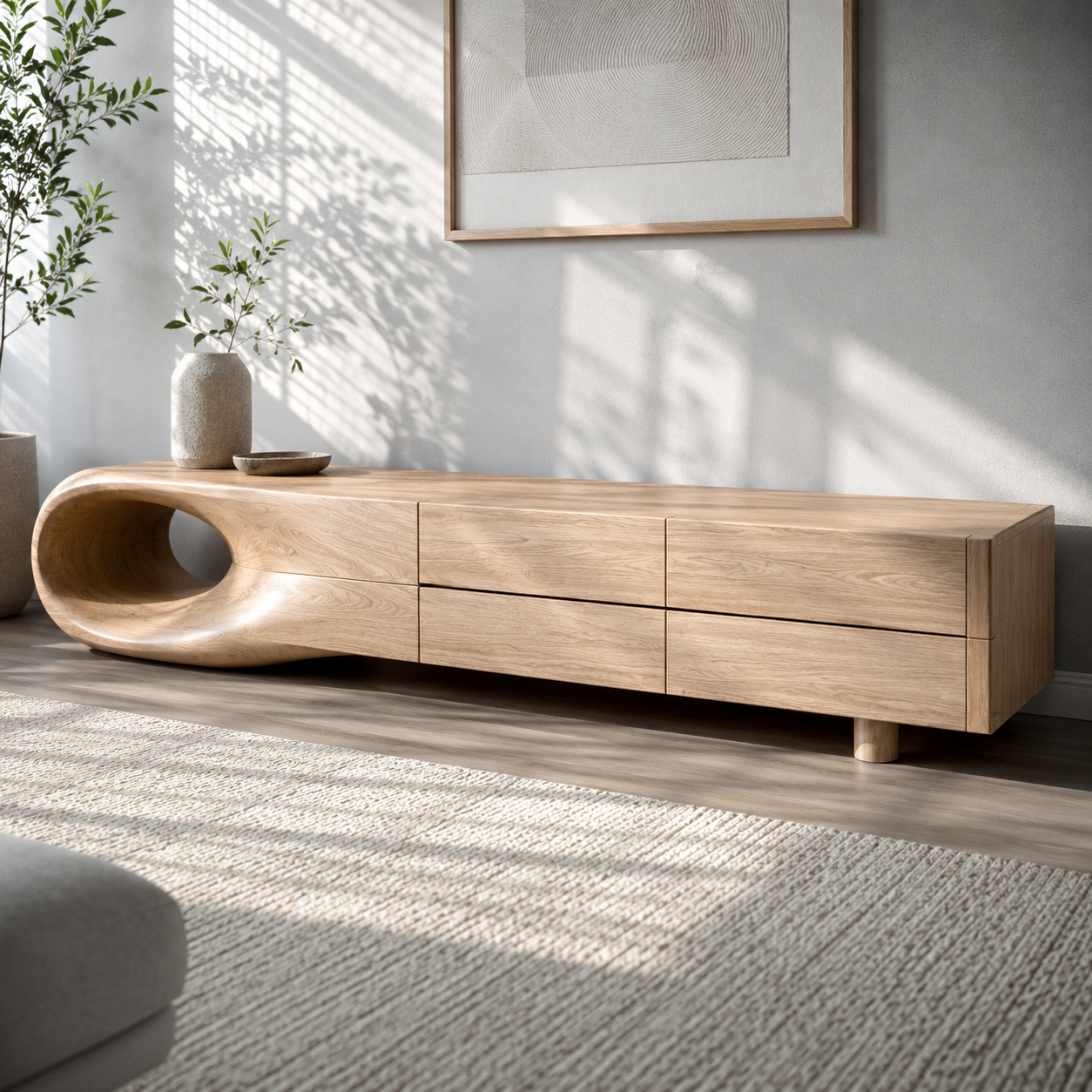 Floreno Curved Solid Wood TV Console For Living Room