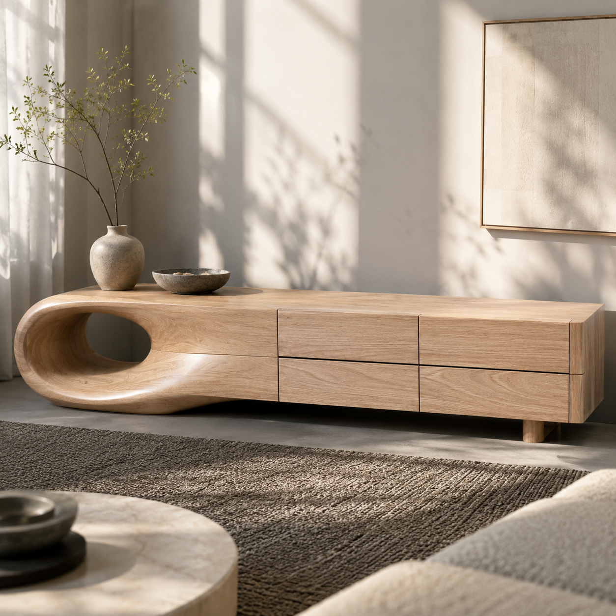 Floreno Curved Solid Wood TV Console For Living Room