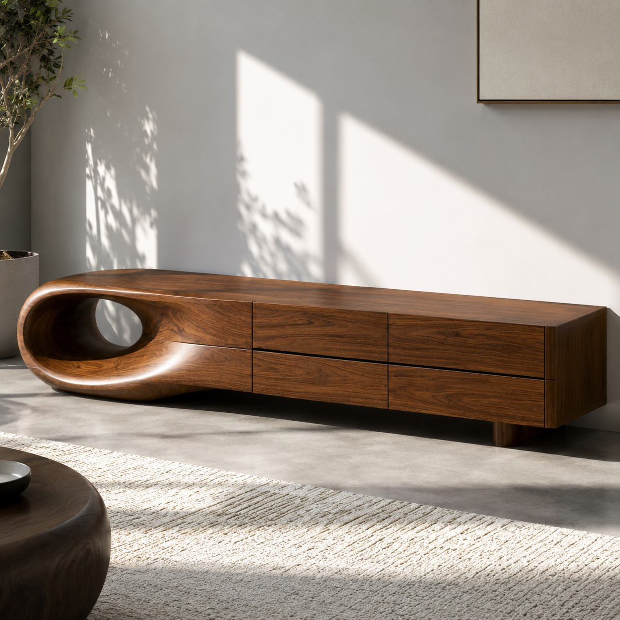 Floreno Curved Solid Wood TV Console For Living Room