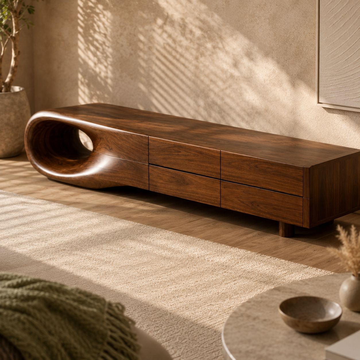 Floreno Curved Solid Wood TV Console For Living Room