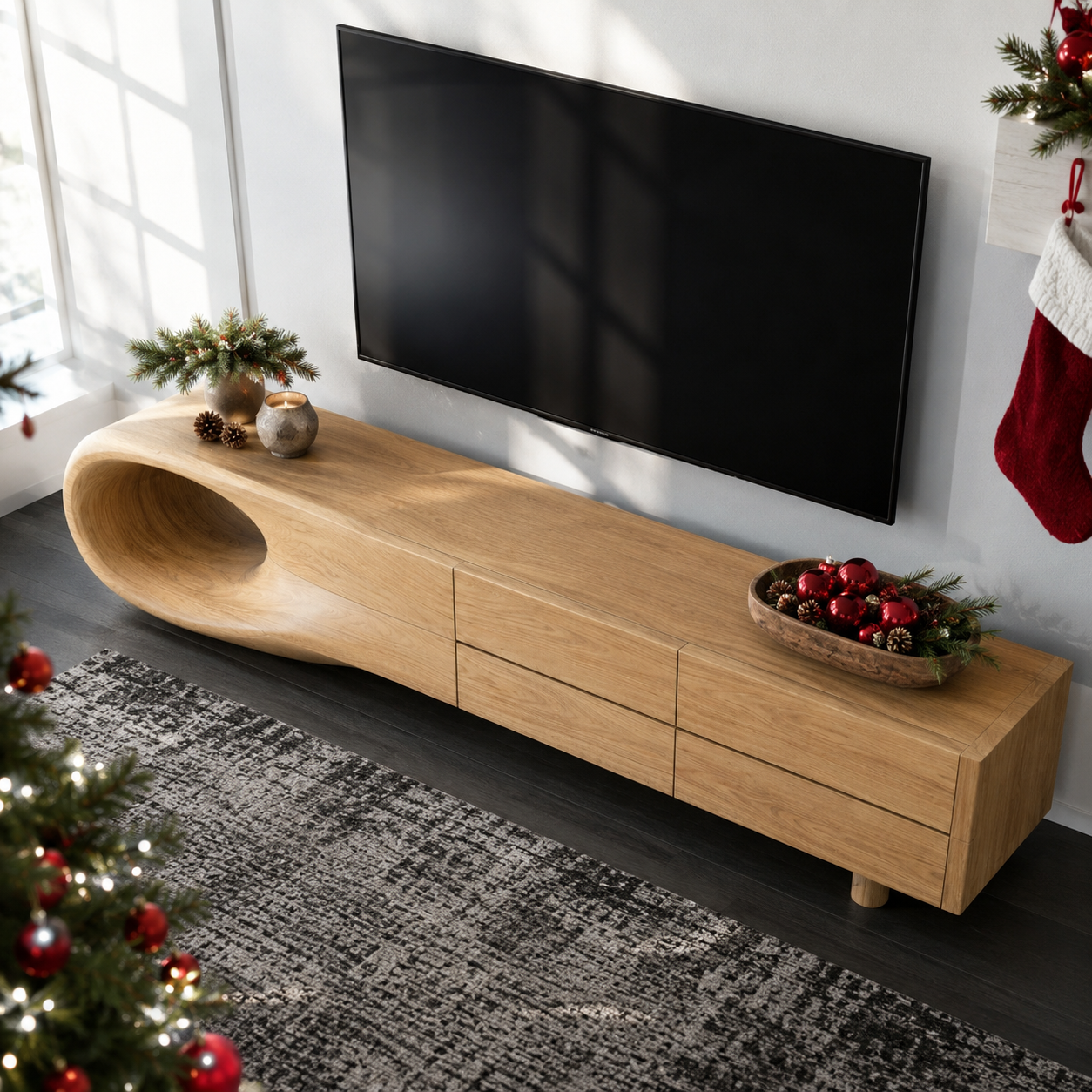 Floreno Curved Solid Wood TV Console For Living Room