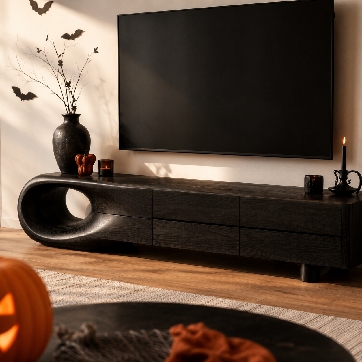 Floreno Curved Solid Wood TV Console For Living Room