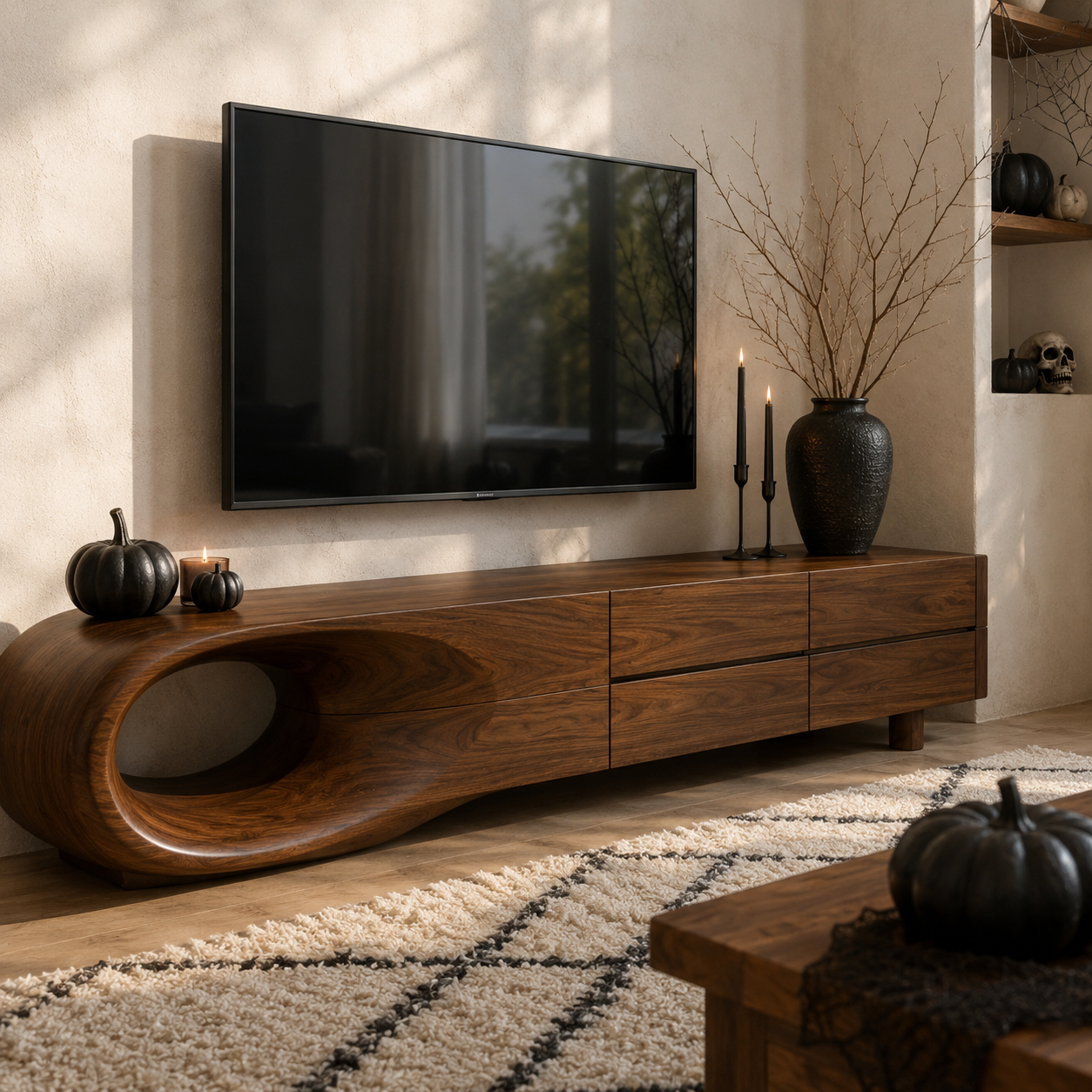 Floreno Curved Solid Wood TV Console For Living Room