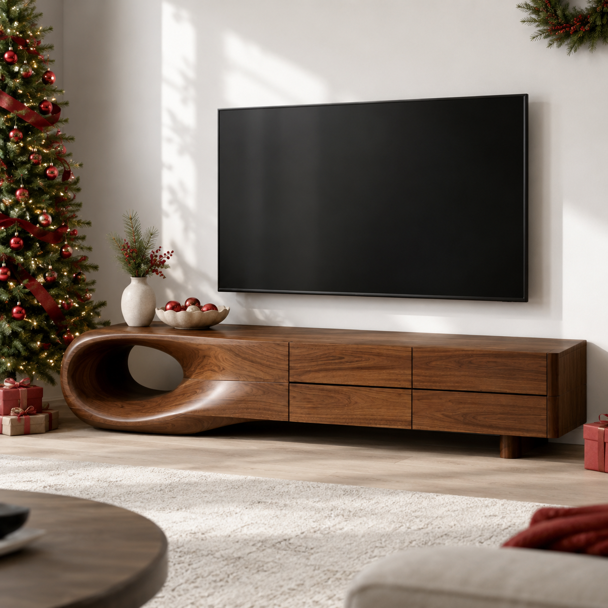 Floreno Curved Solid Wood TV Console For Living Room