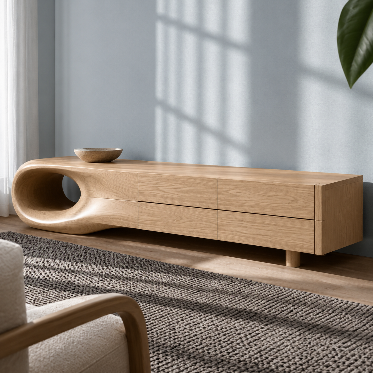 Floreno Curved Solid Wood TV Console For Living Room